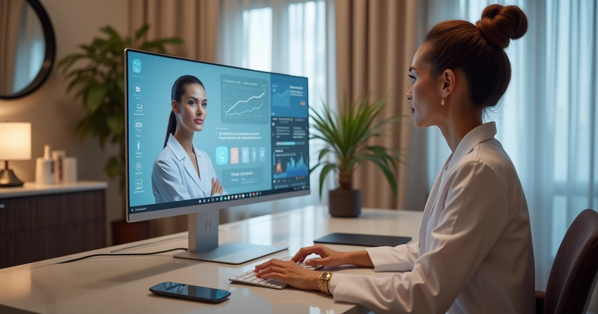 Profissional de clínica estética atendendo consulta online com suporte de inteligência artificial em ambiente moderno e luxuoso 