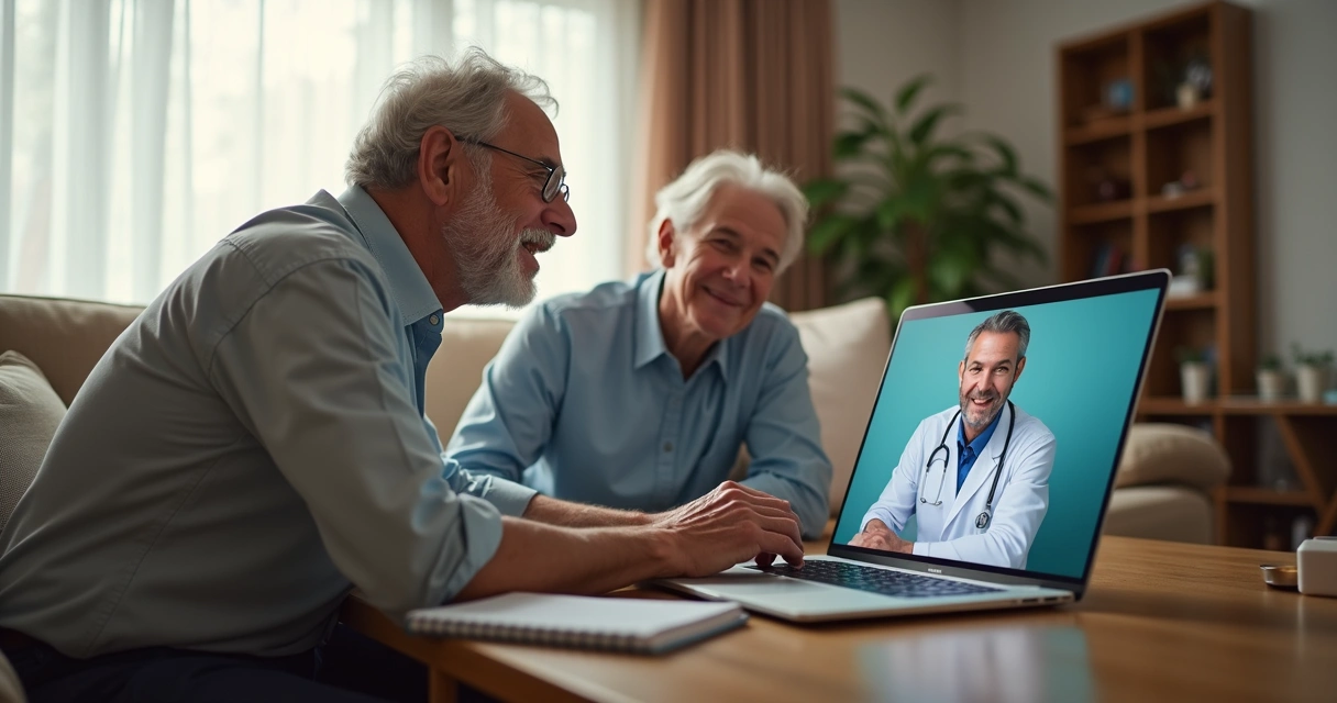 Idoso participando de consulta médica online em casa ao lado de familiares