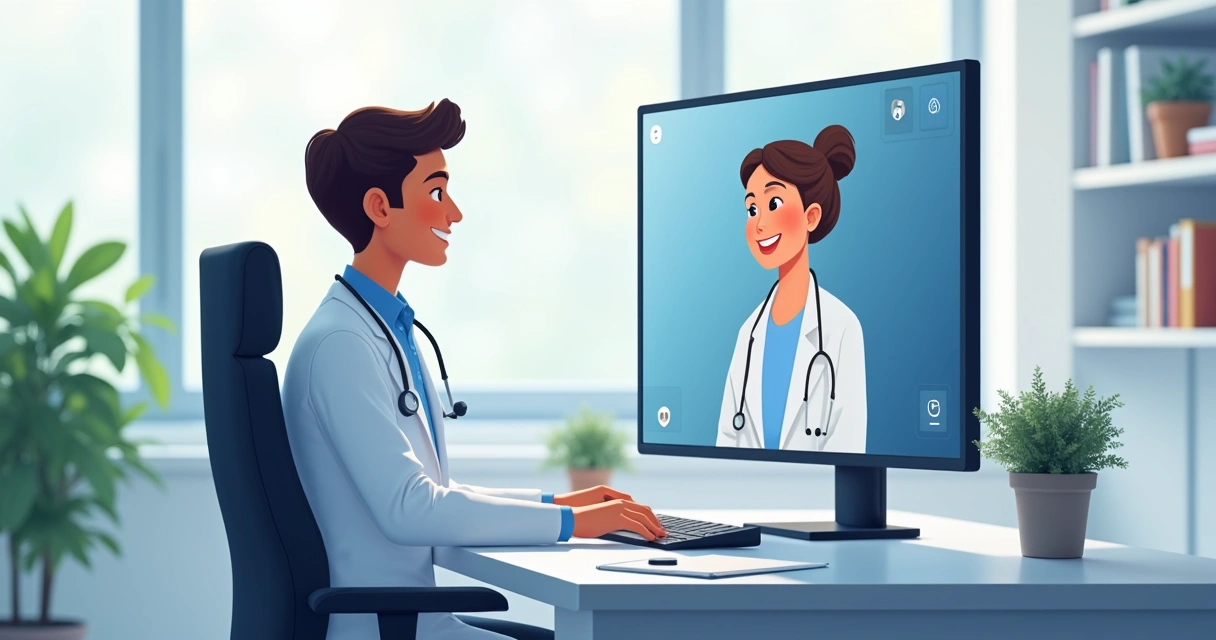 Ilustração de médico sorrindo em frente ao computador conversando com paciente por vídeo chamada