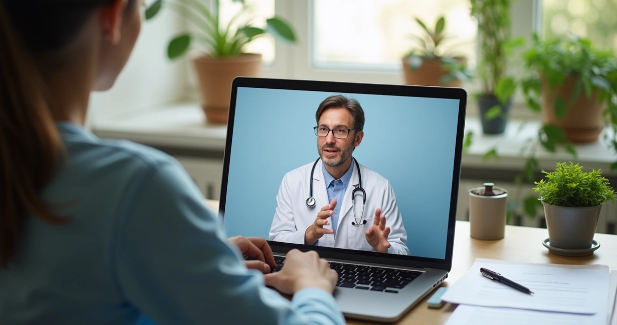 Consulta online de paciente com médico por videochamada, ambos atentos 