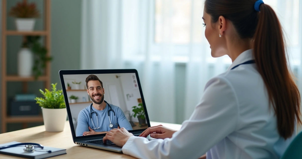 Médico especialista em videoconferência com paciente em casa.