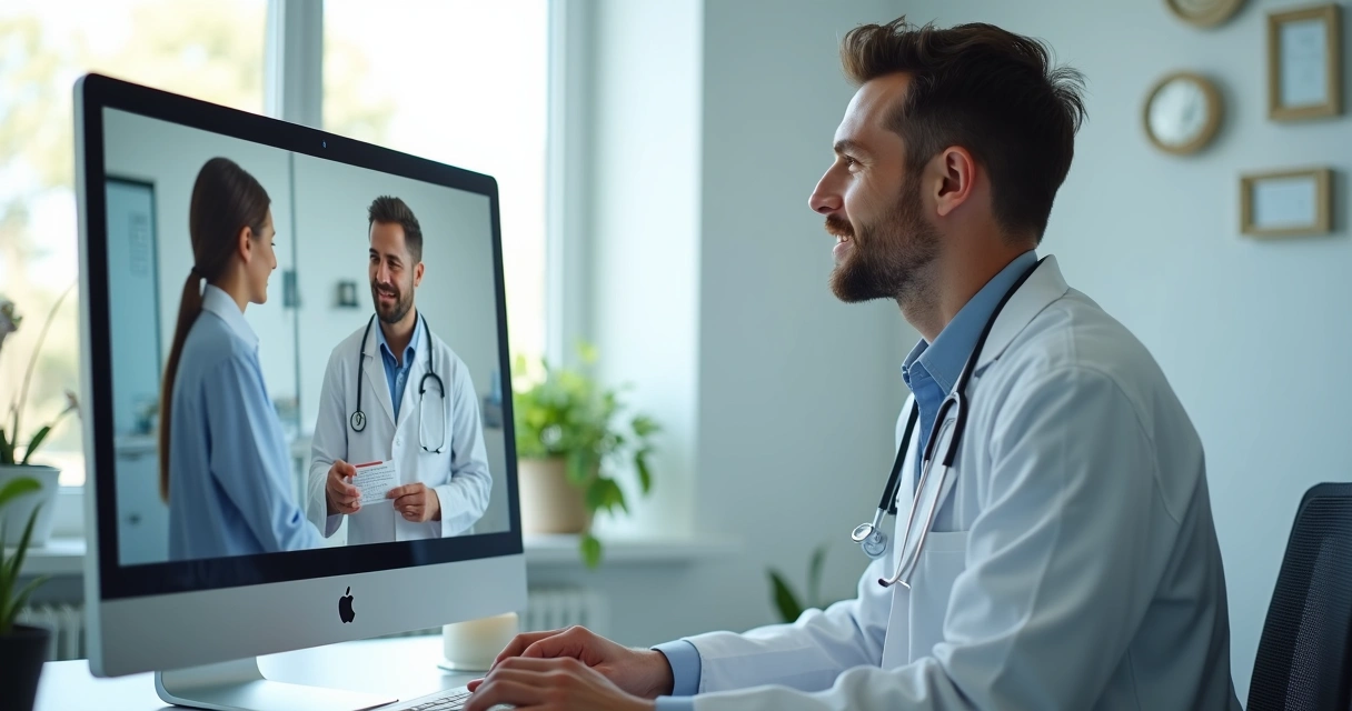 Médico em frente ao computador realizando consulta online com paciente sorrindo pelo vídeo 