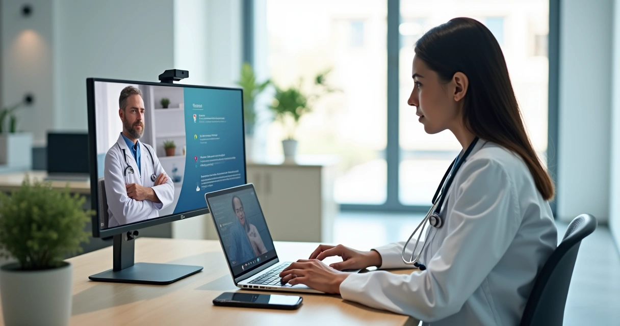 Médico em vídeo chamada atendendo paciente pelo notebook em ambiente de clínica moderna 