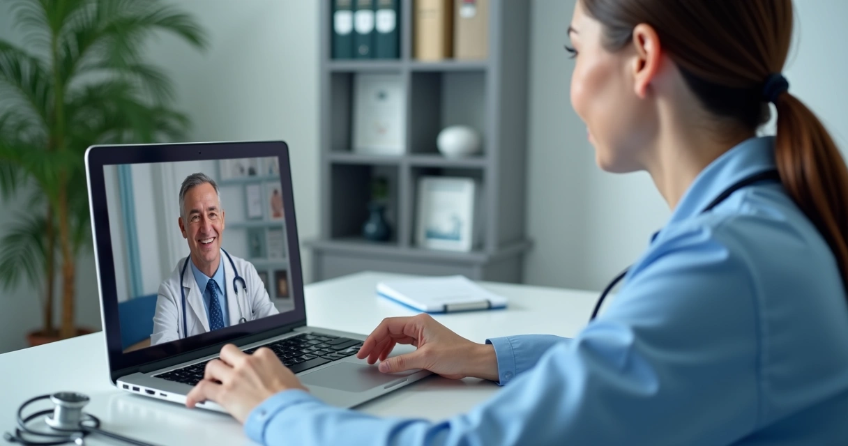Médico em atendimento virtual com paciente via notebook 