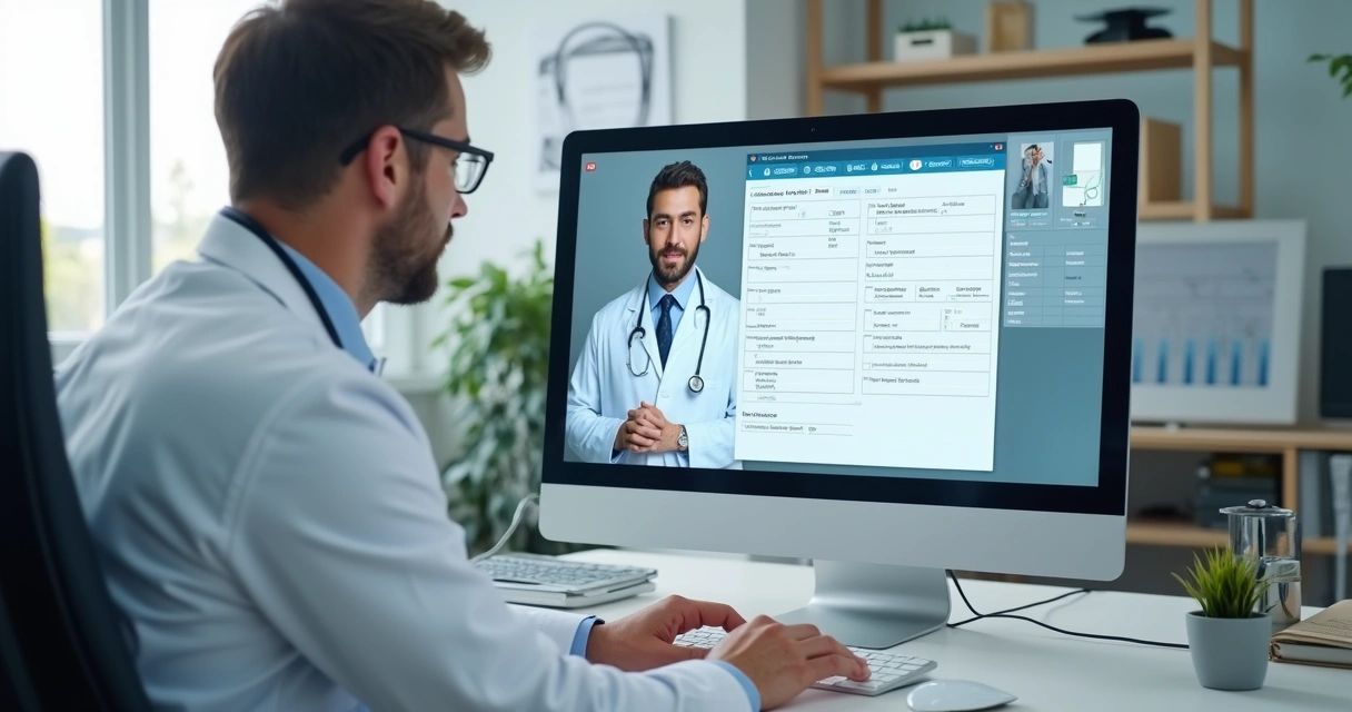 Médico usando computador para fazer consulta online e prescrição eletrônica 