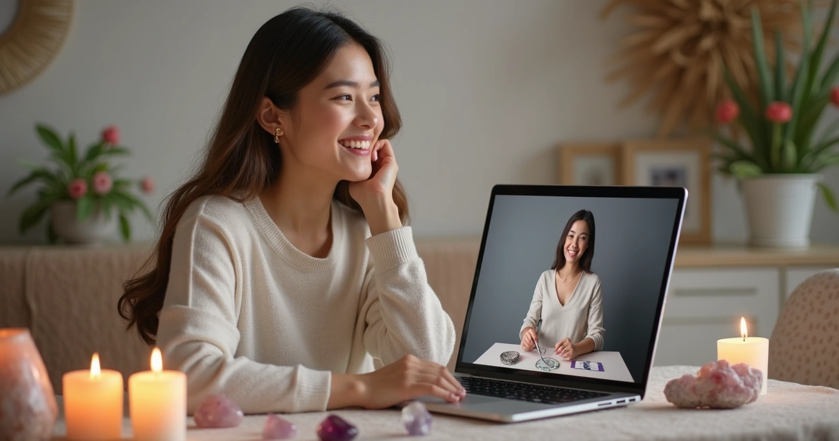 Consulta de mesa radiônica online com terapeuta e cliente em videoconferência.