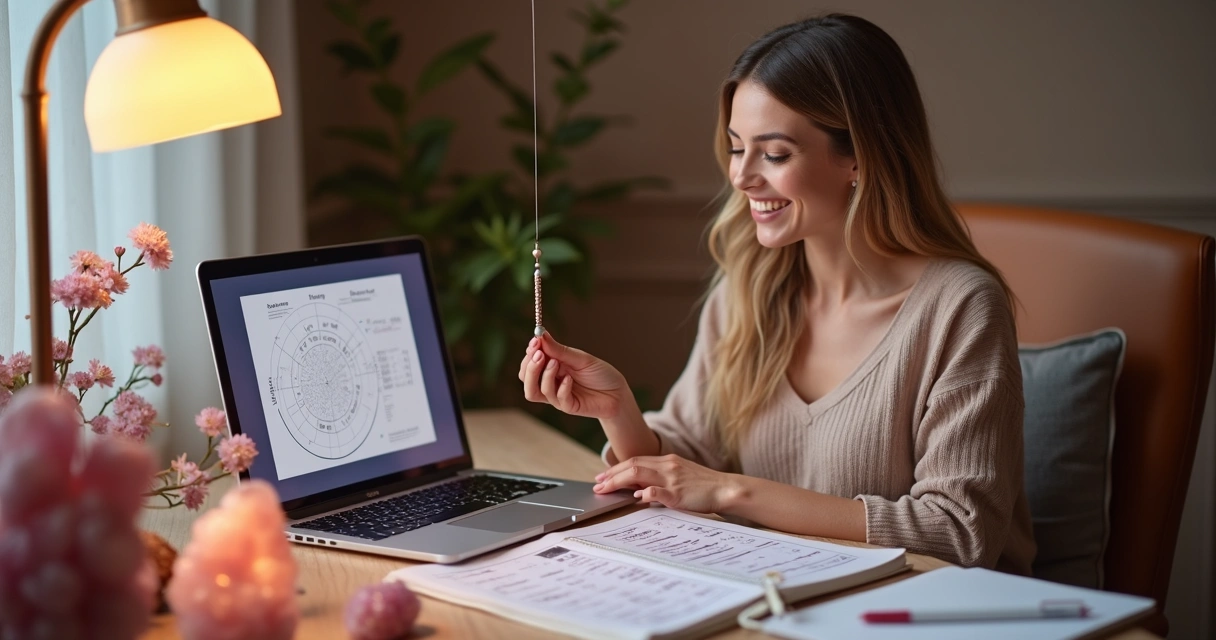 Consultora online com mesa radiônica, notebook e caderno 