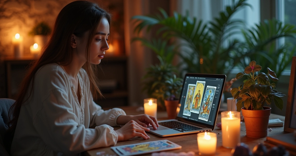 Mulher consultando cartas de tarot em frente ao notebook 