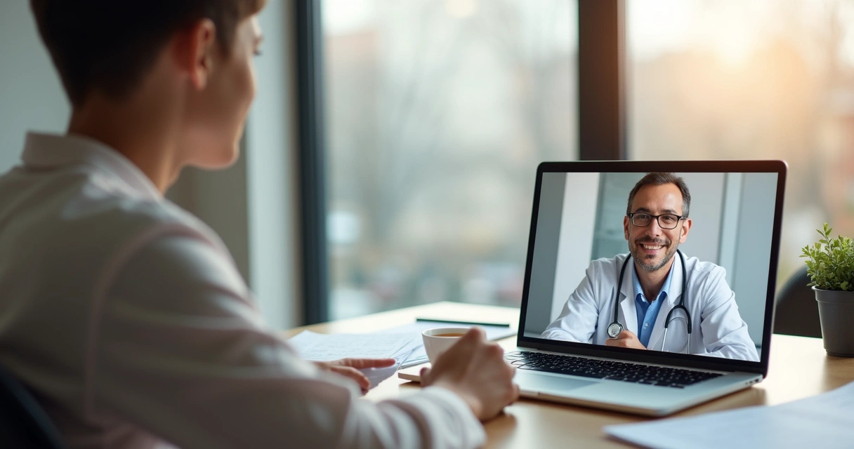 Paciente faz consulta online com médico via notebook