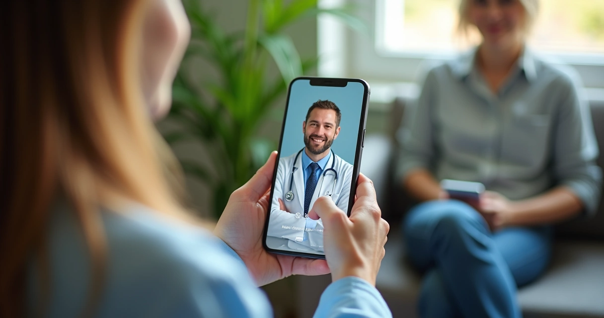 Paciente usando celular para acessar consulta online