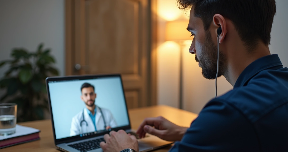 Homem em consulta médica online com fones em ambiente reservado