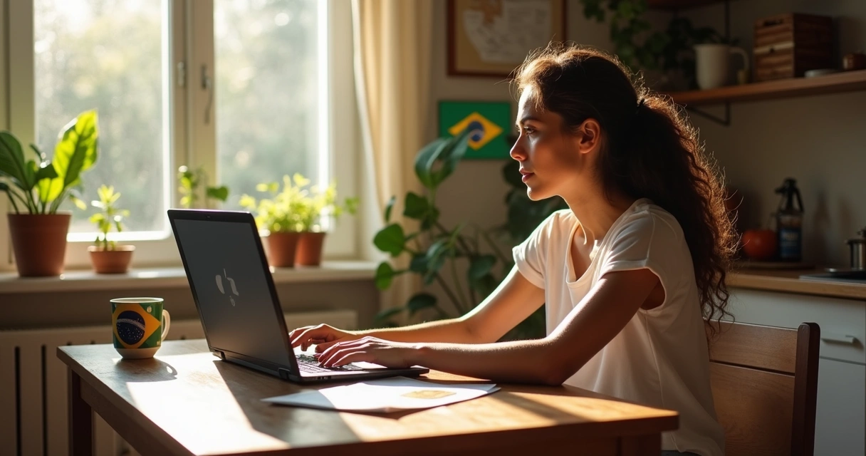 Mulher fazendo consulta online por notebook na mesa de casa