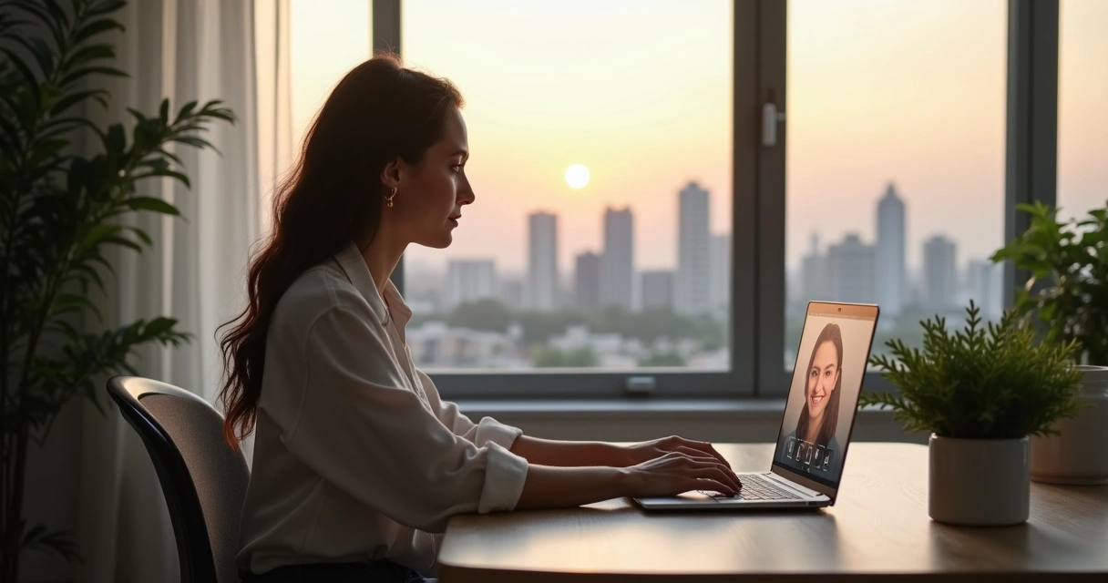 Pessoa usando laptop para uma sessão de psicanálise online em ambiente tranquilo 