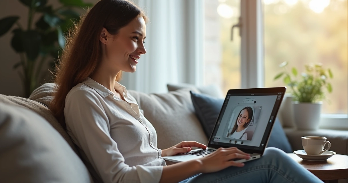 Mulher em reunião online sorrindo para a tela do notebook 