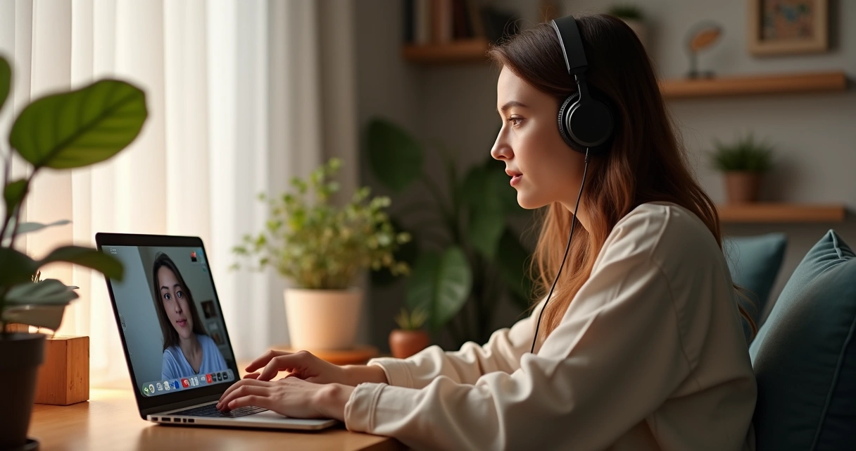 Mulher em atendimento psicanalítico online via videoconferência em ambiente doméstico acolhedor, com computador e fones de ouvido