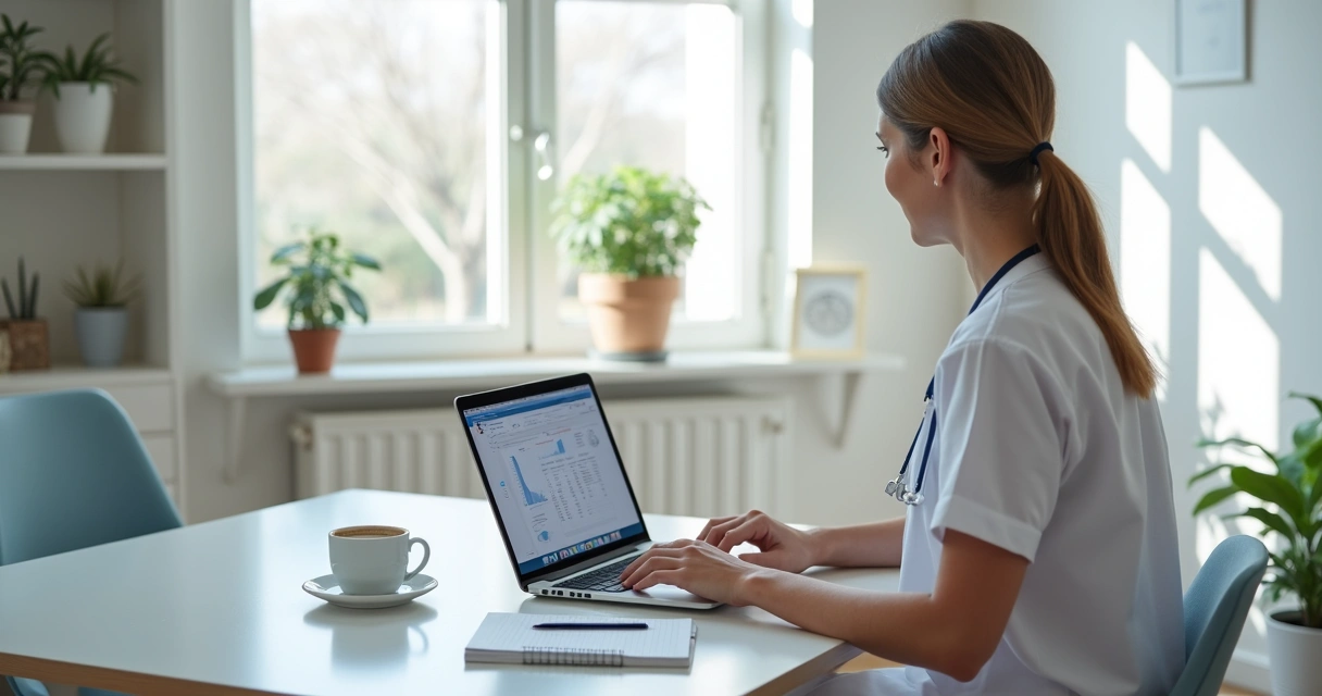 Fisioterapeuta usando notebook em sala clara durante atendimento online 