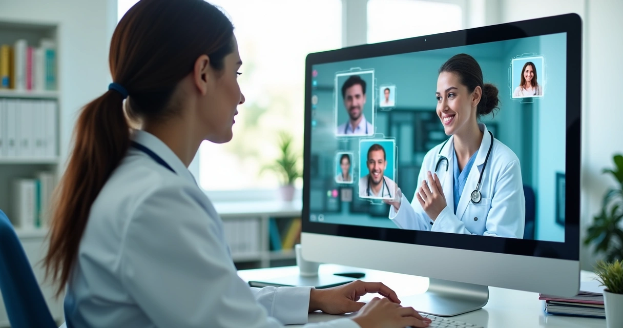 Profissional de saúde atendendo pacientes por vídeochamada, tela de computador mostrando conversas online, ambiente claro e organizado