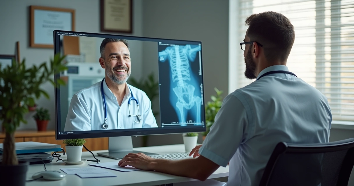 Urologista em vídeo chamada com paciente, fundo de consultório, computador moderno em destaque 