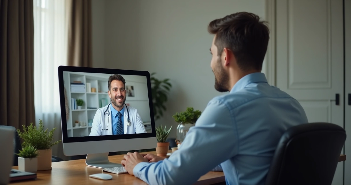 Paciente homem usando computador para consultar médico online com privacidade 