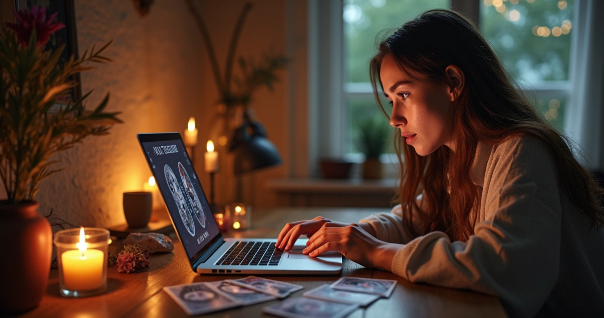 Pessoa em consulta de tarot online em ambiente aconchegante 