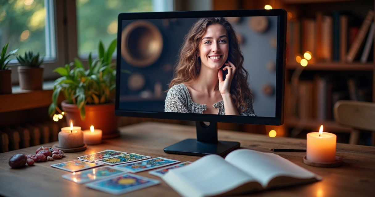 Consultora de tarot online durante um atendimento por chat