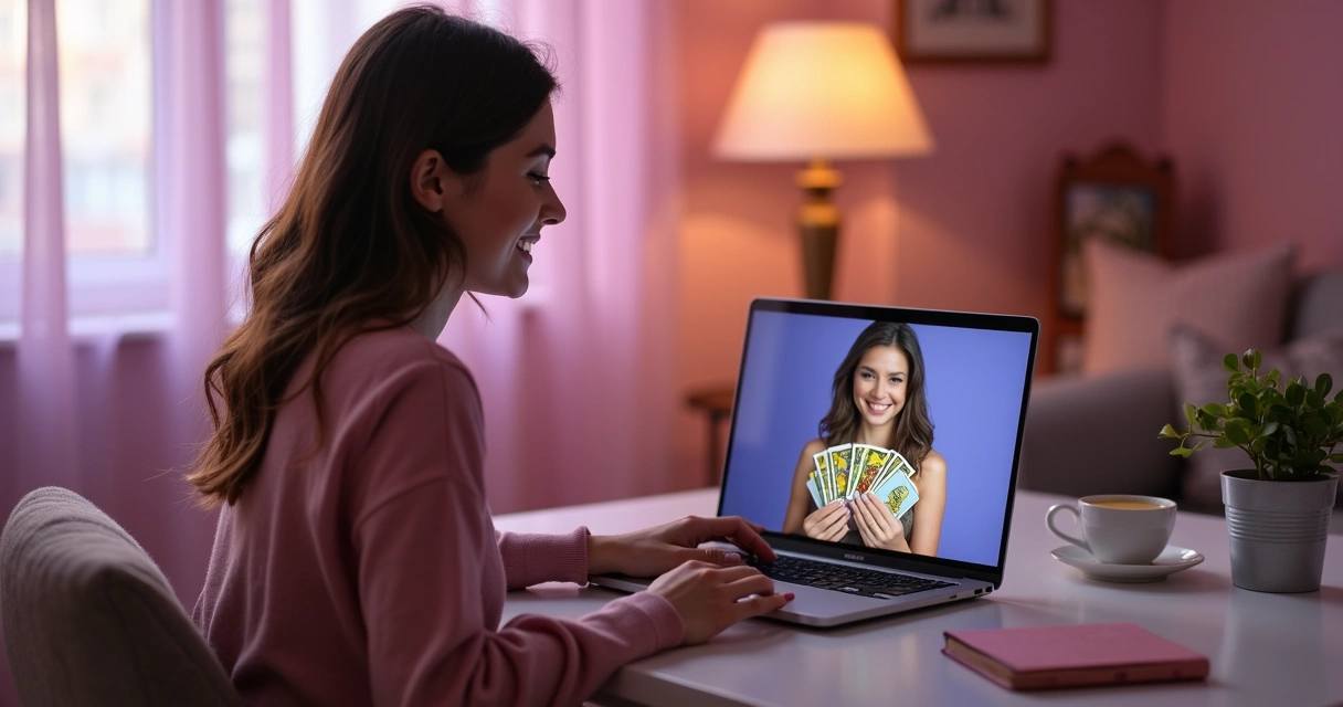 Woman consulting tarot online on laptop 