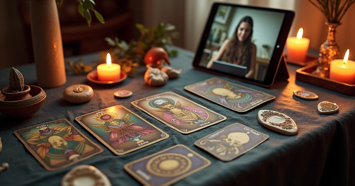 Exemplo de consulta online com tarot e jogo de búzios, com cartas dispostas sobre a mesa
