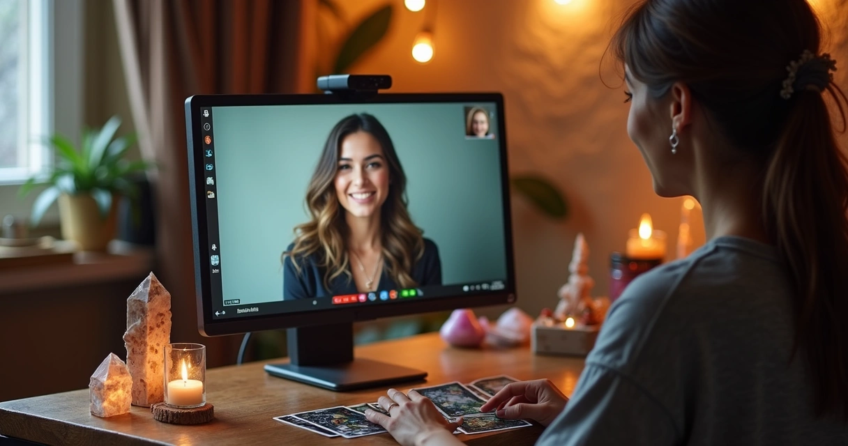 Especialista de tarot falando via videochamada 