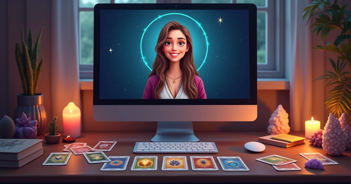 Mesa de tarot virtual com cartas e computador 