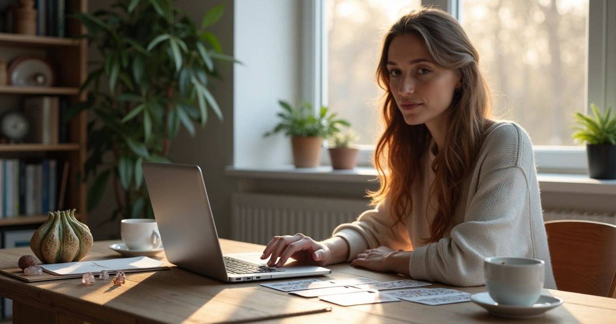 Consultora espiritual realizando consulta online com baralho cigano 