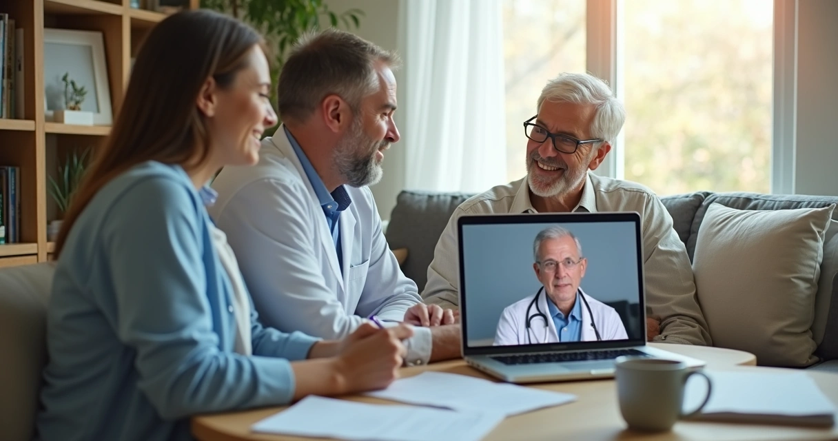 Homem sentado em casa participando de uma consulta de urologia pelo notebook 
