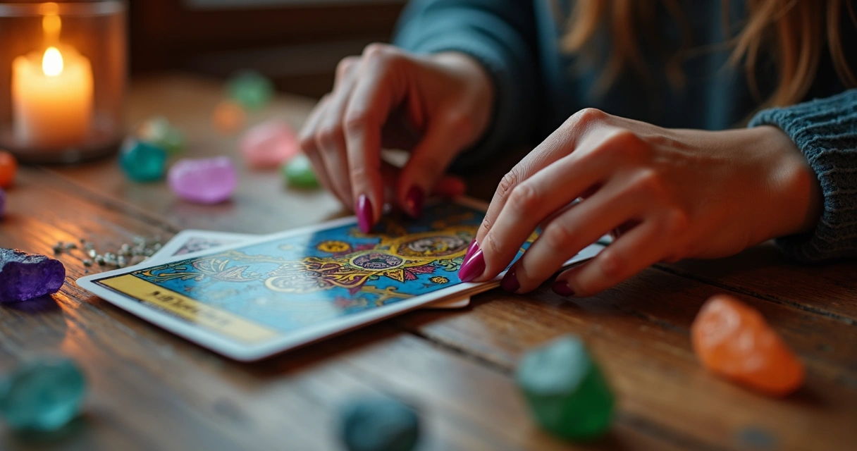 Mão feminina embaralhando cartas de tarô sobre mesa com cristais 