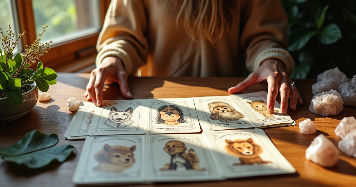 Pessoa consultando cartas ilustradas de animais em uma mesa com pedras e flores 