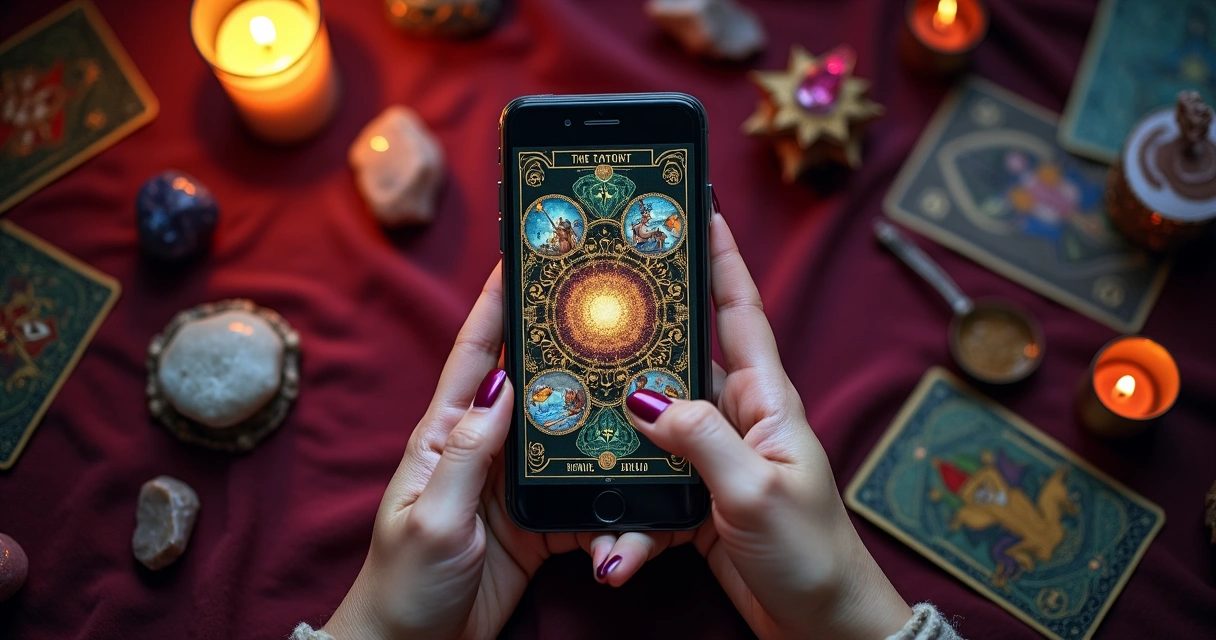 Mãos femininas usando aplicativo de oráculo no celular 