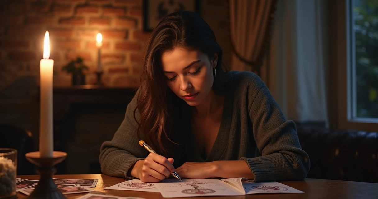 Pessoa consultando oráculo das sombras com expressão pensativa, vela acesa e papel de anotações ao lado 