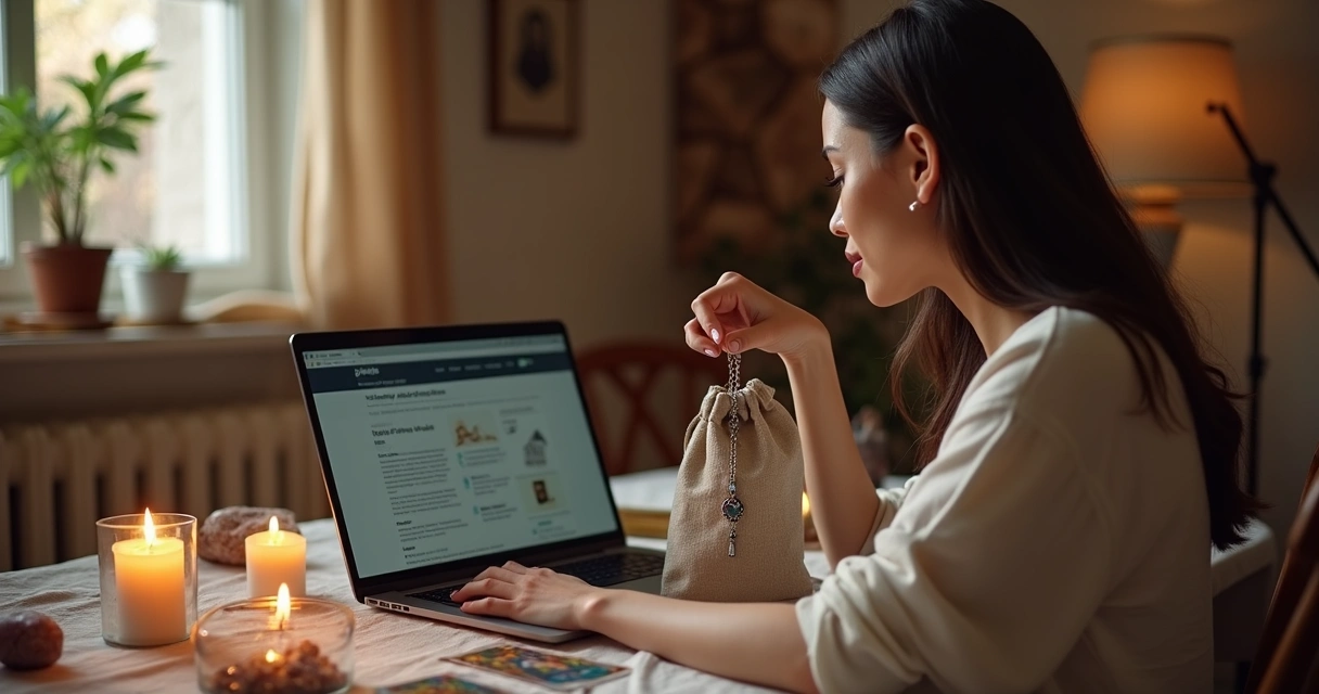 Mulher em ambiente tranquilo realiza consulta espiritual online com pingentes e notebook 