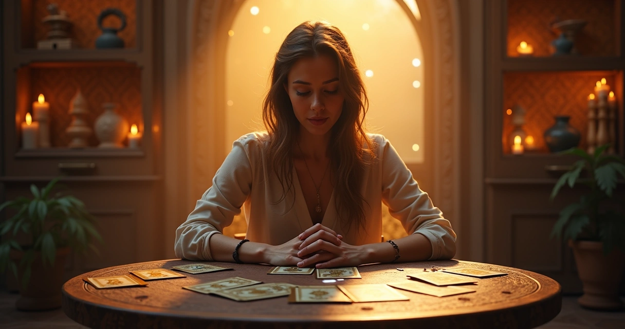 Consultora espiritual com cartas de tarot e aura brilhante ao redor 