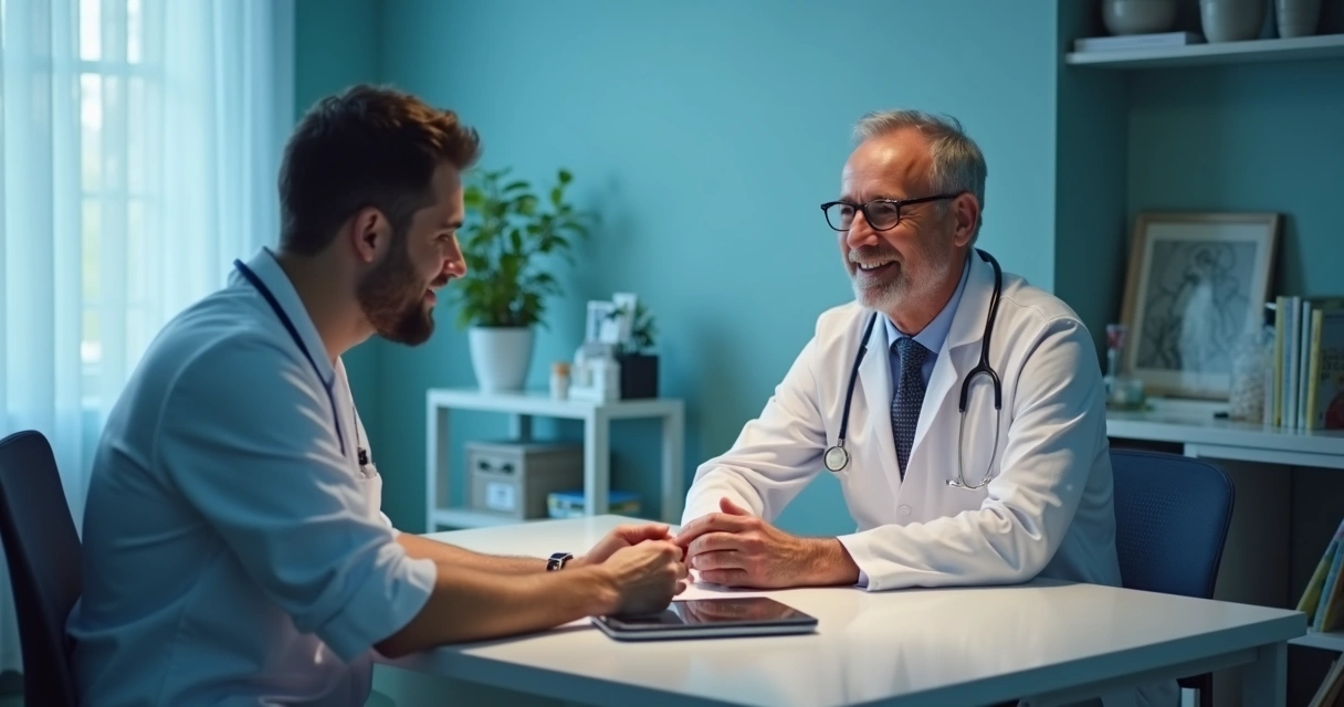 Médico conversando com homem em consultório, ambos sorrindo levemente 
