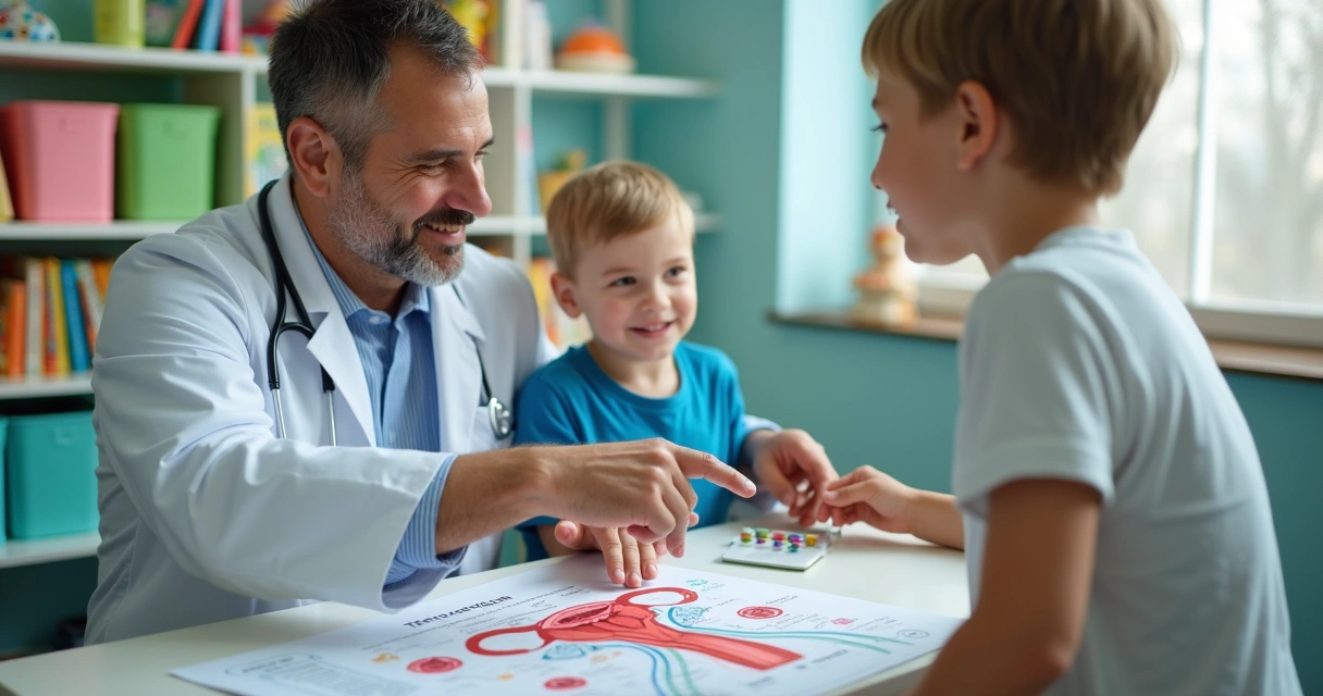 Consulta de orquidometria em consultório pediátrico mostrando médico e criança 