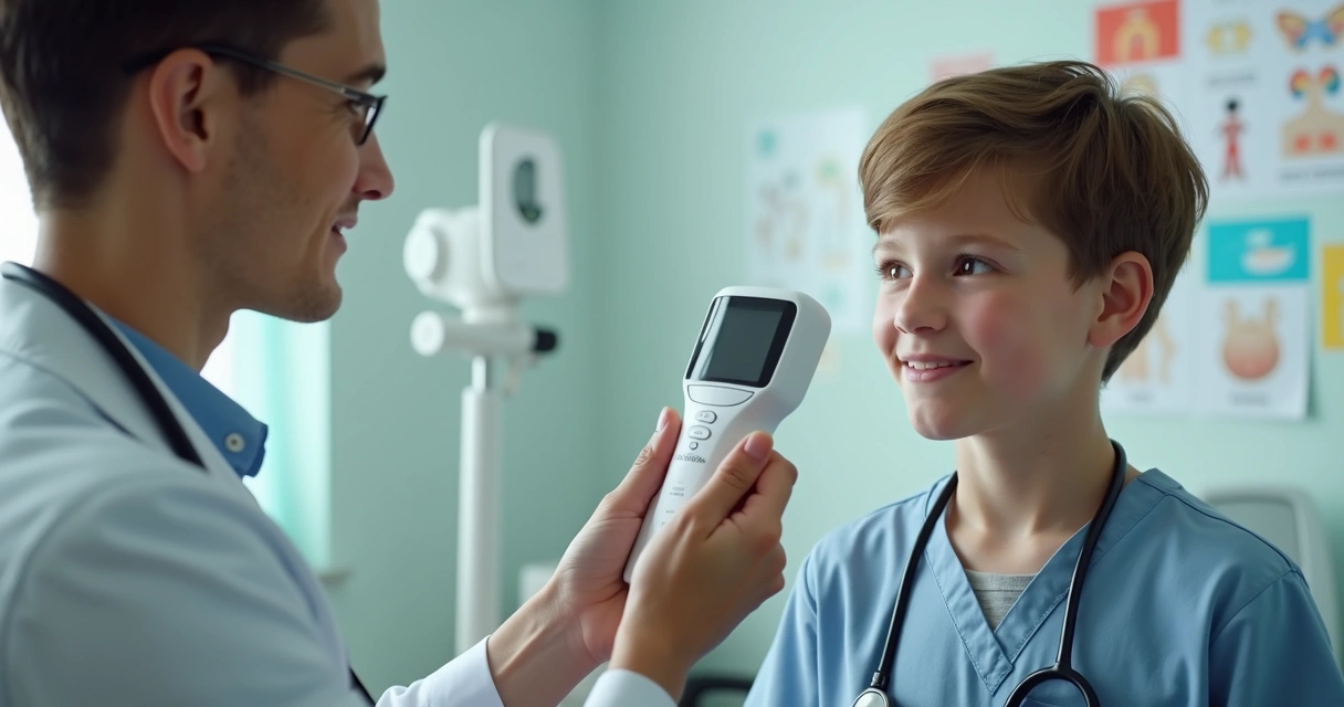 Pediatra usando orquidômetro durante exame de rotina