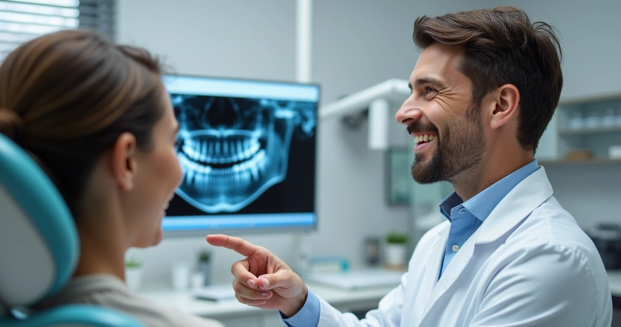 Dentista mostrando raio-X dental para paciente em consultório moderno 