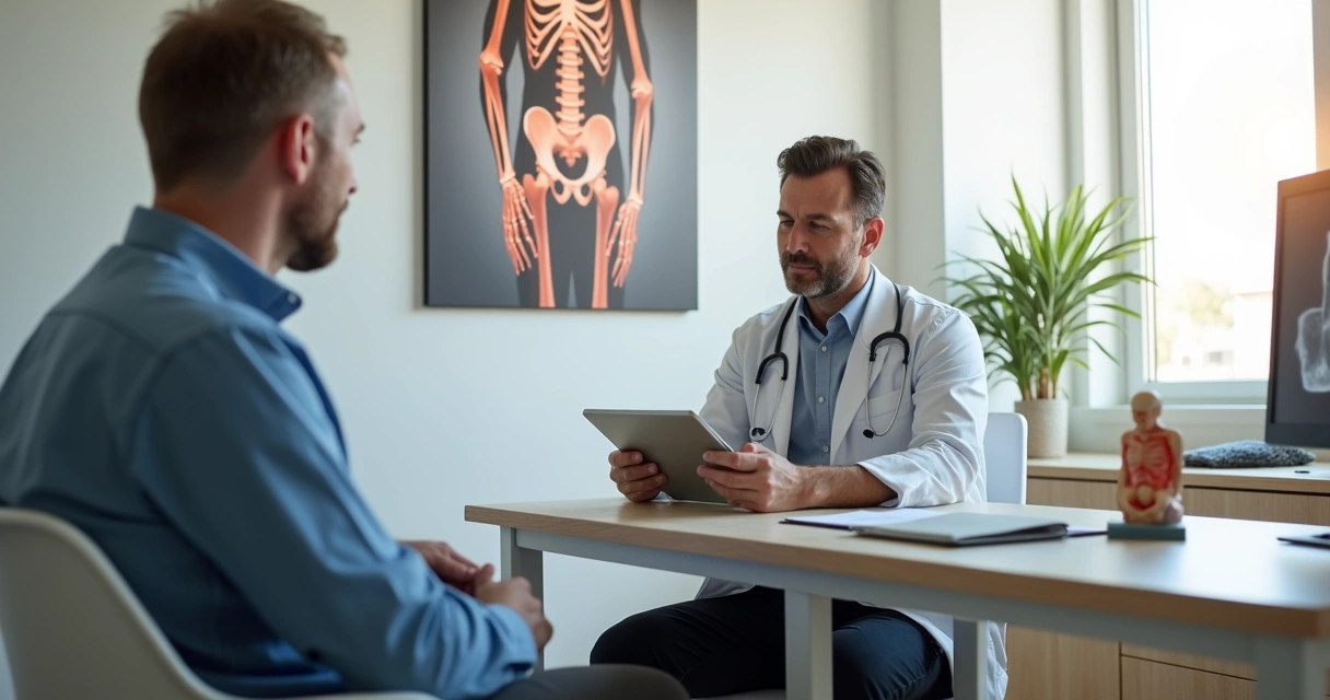 Ortopedista ouvindo paciente com dor no joelho em consultório moderno 