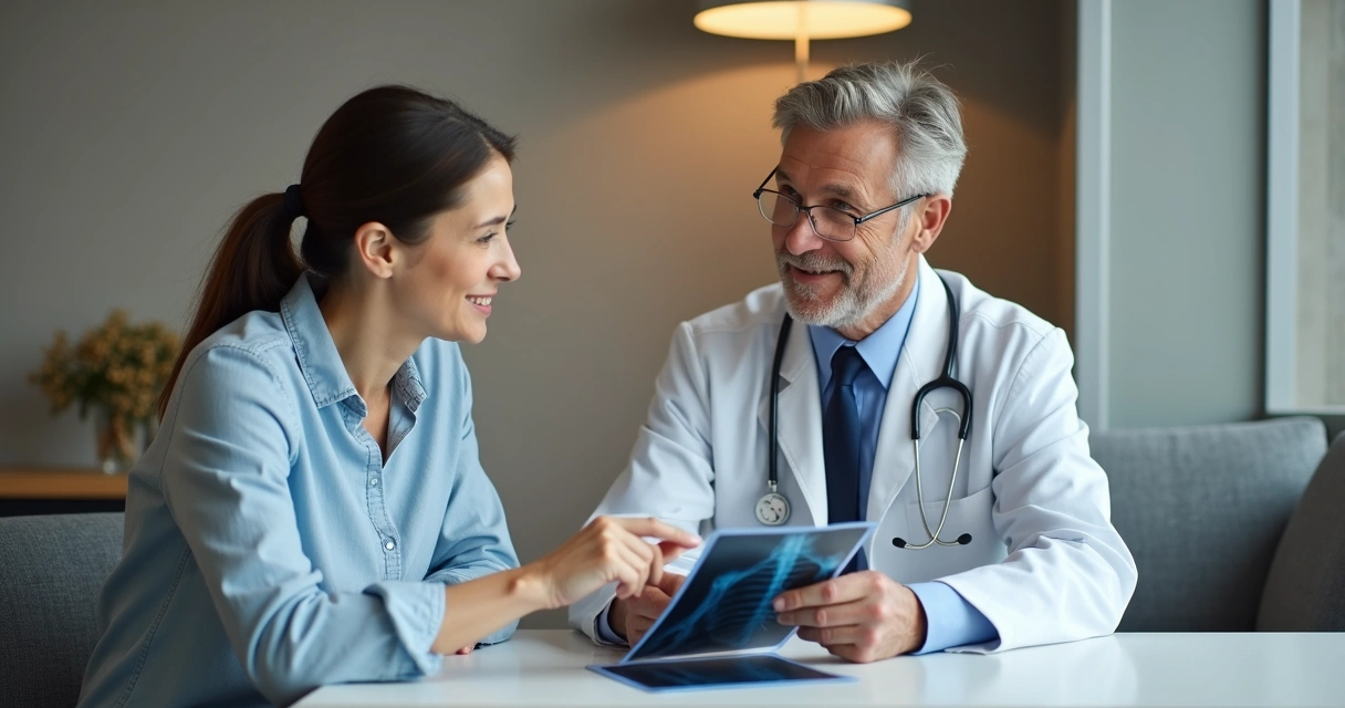 Médico e paciente em consulta ortopédica analisando exames juntos 