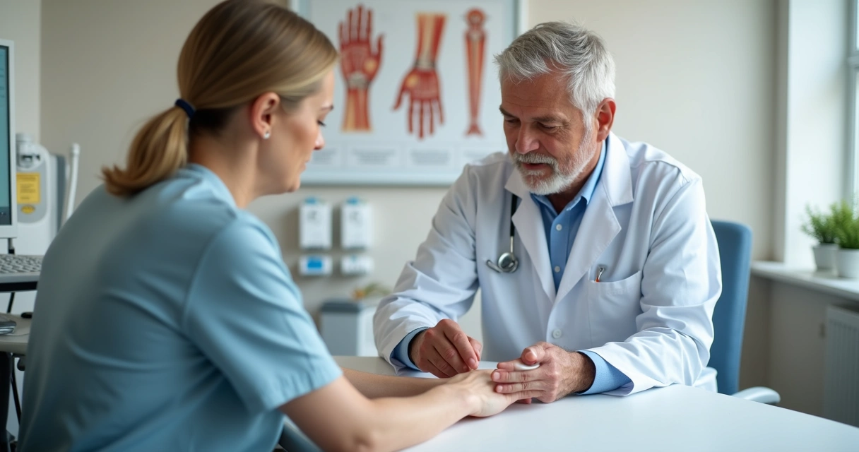 Ortopedista examinando a mão de paciente em consultório 