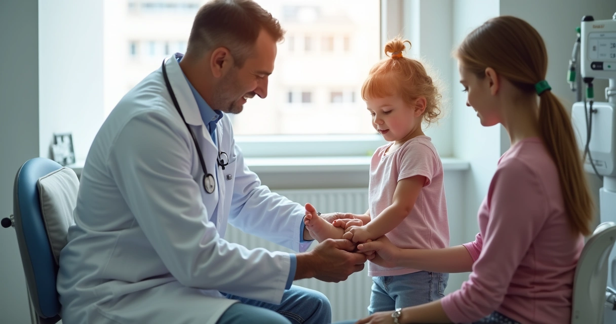 Consulta de ortopedista pediátrico avaliando pés de criança 