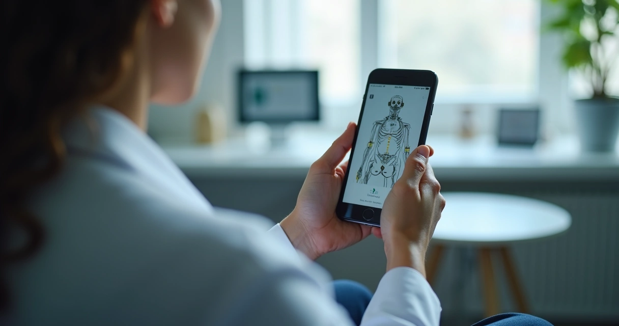 Paciente usando o celular em um consultório médico, interagindo com chatbot na tela. 