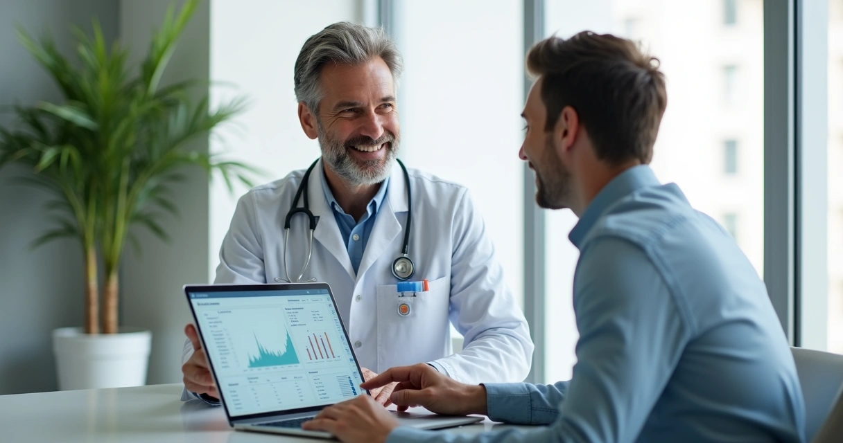 Médico usando IA ao atender paciente em clínica moderna 