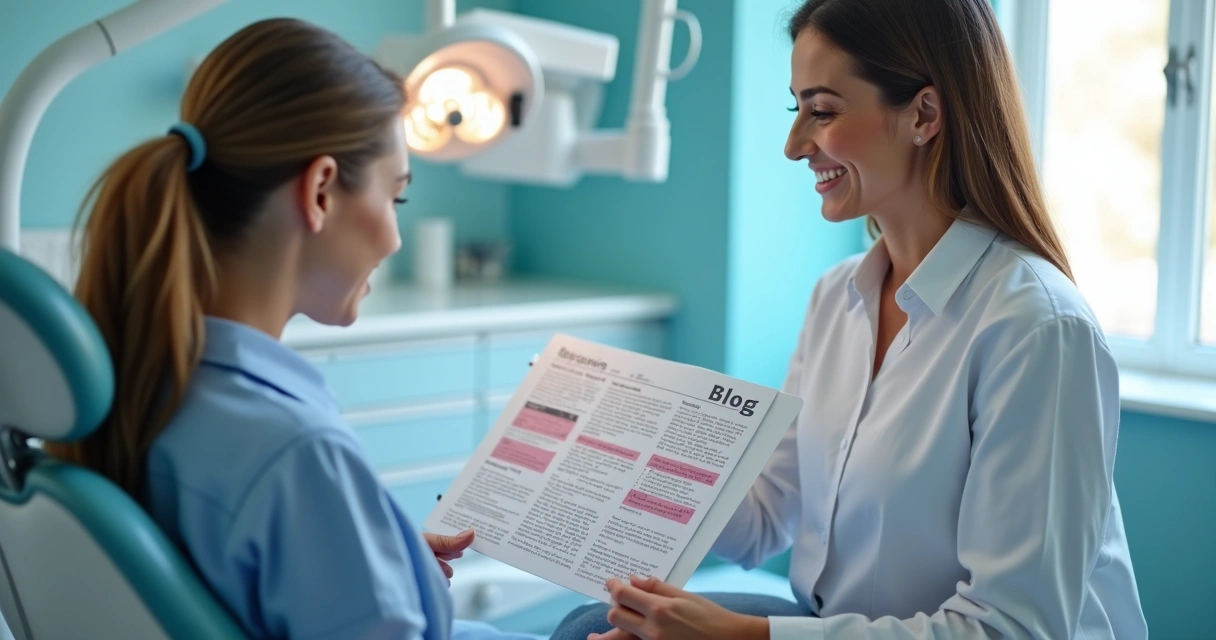 Paciente bem informado em consulta, discutindo tratamento com dentista 