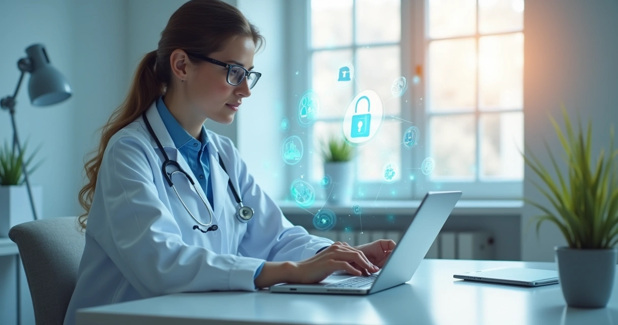 Médico em consulta online usando tablet em ambiente limpo com ícones digitais