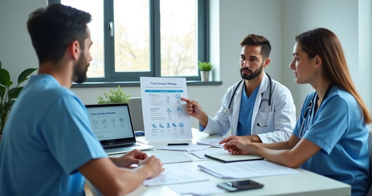 Equipe médica explicando pacote cirúrgico de valor fixo para paciente em consultório moderno 